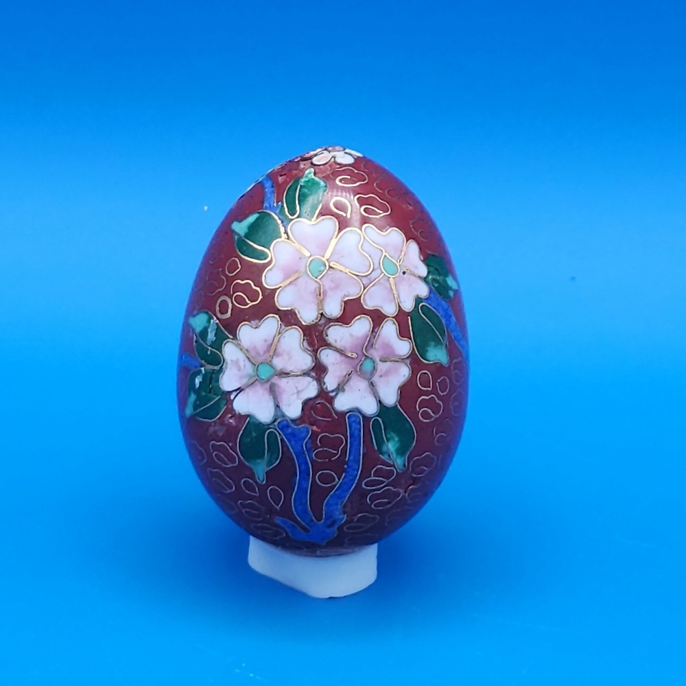 Vintage Chinese Cloisonne Enamel Egg Red Cherry Blossom Floral Decorative Art